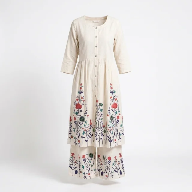 Guess What Women's Off-White Floral Printed Kurta Set with Palazzo | KHADI Cotton | GuessWhat - M, OFF WHITE