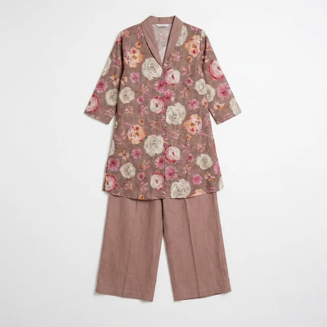 Guess What Women's Dusty Rose Floral Tunic Co-ord Set | Linen Blend | GuessWhat - L, DUSTY ROSE