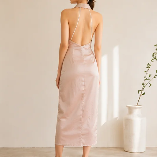 Guess What Women's Blush Pink Satin Ruched Halter Neck Midi Dress | Backless | GuessWhat - M, BLUSH PINK