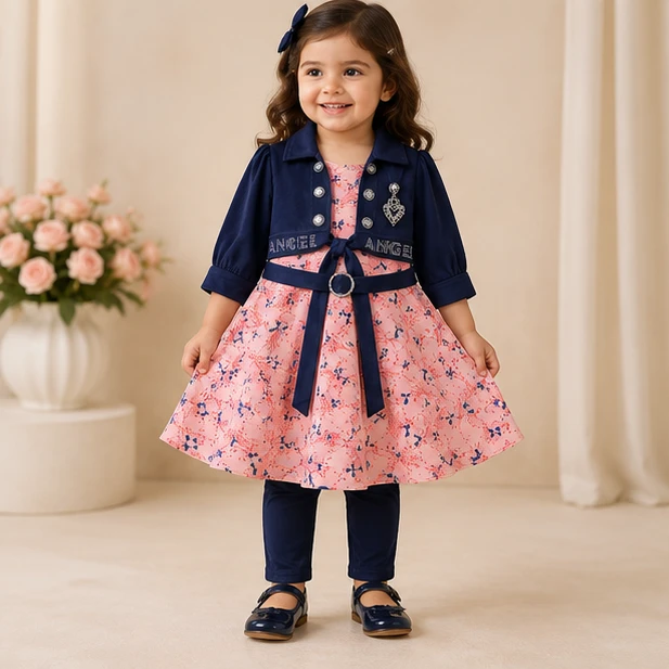 Baby Girls Pink Floral Dress with Navy Blue Jacket & Leggings 3-Piece Set | Kids Party Wear Coord | Toddler Festive Outfit | guess what