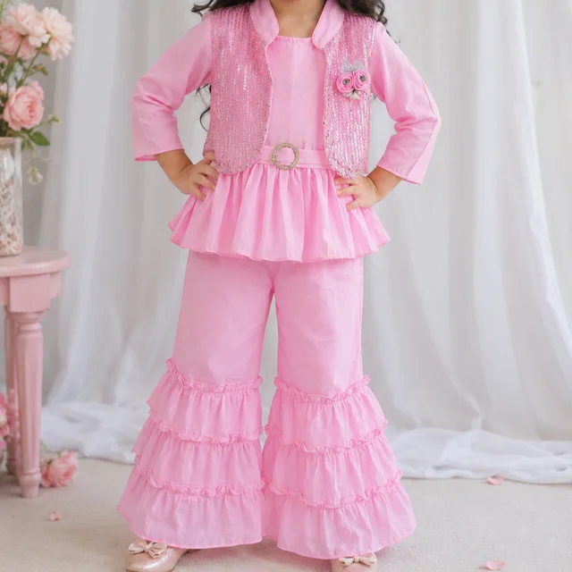 Guess What Girls' Pink Sequin Jacket Peplum Top & Ruffle Sharara Set | Kids Festive Wear | Guess What - 4 - 5 Years, Pink