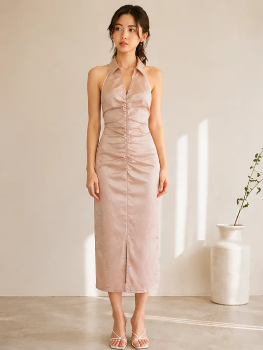 Guess What Women's Blush Pink Satin Ruched Halter Neck Midi Dress | Backless | GuessWhat - M, BLUSH PINK