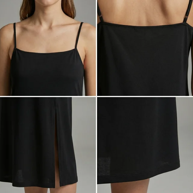 Guess What Women's Black Slip Midi Dress | Square Neck Spaghetti Strap Side Slit | Guess What - S, Black