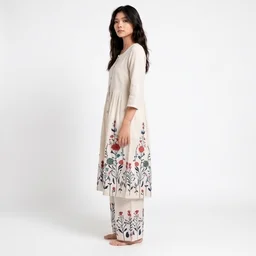 Guess What Women's Off-White Floral Printed Kurta Set with Palazzo | KHADI Cotton | GuessWhat - M, OFF WHITE