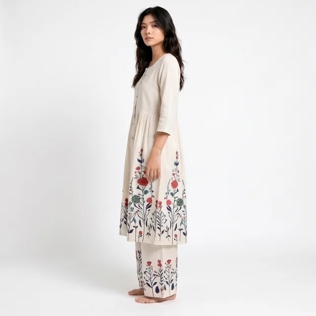 Guess What Women's Off-White Floral Printed Kurta Set with Palazzo | KHADI Cotton | GuessWhat - M, OFF WHITE