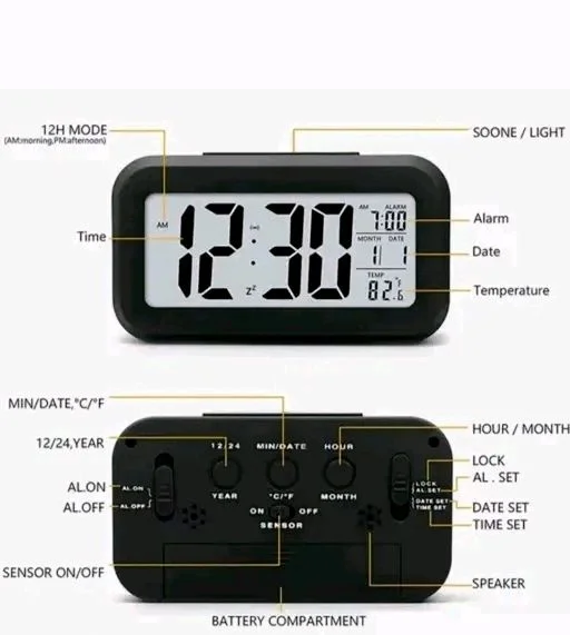 Digital Alarm Clock with Automatic Sensor, Date and Temperature Display, Compact Desk Table Clock for Students, Home, Office, Bedroom, Living Room,Home Decor, Corporate Use (Black Digital) - Black