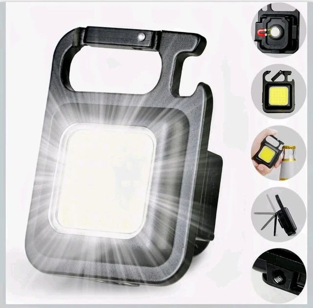LED Mini Cob Keychain and Magentic Flashlight Portable USB Rechargeable Light 3 Light Modes with Folding Bracket,for Walking CampingSquare,Black, 1000 Lumen.