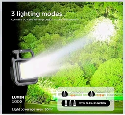 LED Mini Cob Keychain and Magentic Flashlight Portable USB Rechargeable Light 3 Light Modes with Folding Bracket,for Walking CampingSquare,Black, 1000 Lumen.