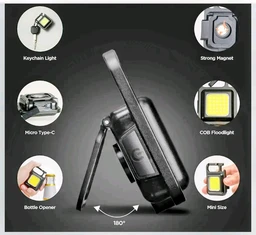 LED Mini Cob Keychain and Magentic Flashlight Portable USB Rechargeable Light 3 Light Modes with Folding Bracket,for Walking CampingSquare,Black, 1000 Lumen.