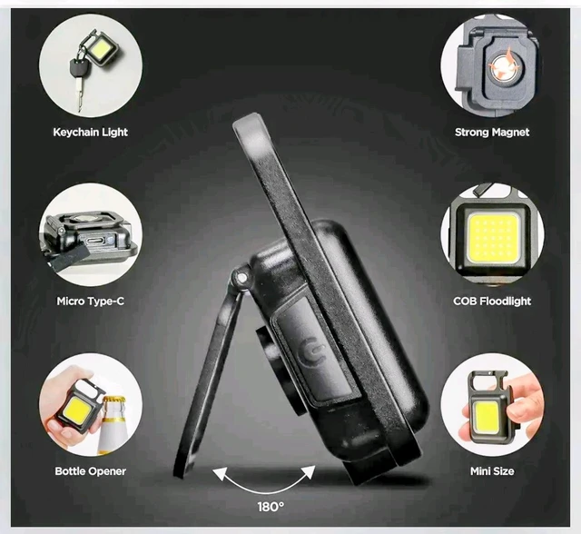 LED Mini Cob Keychain and Magentic Flashlight Portable USB Rechargeable Light 3 Light Modes with Folding Bracket,for Walking CampingSquare,Black, 1000 Lumen.