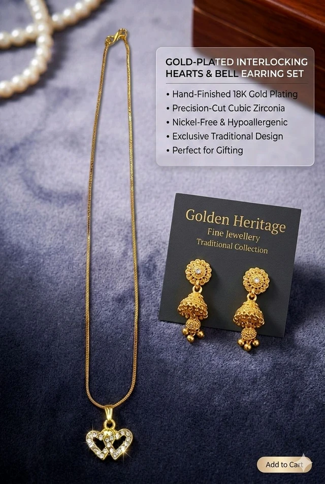 DSH Fashion Gold-plated jewellery set, traditional Jhumka earrings, heart pendant necklace, Golden Heritage jewellery. Crystals heart necklace for women, ethnic gold earrings, bridal fashion jewellery, gold-toned pendant set, Indian traditional jewellery.