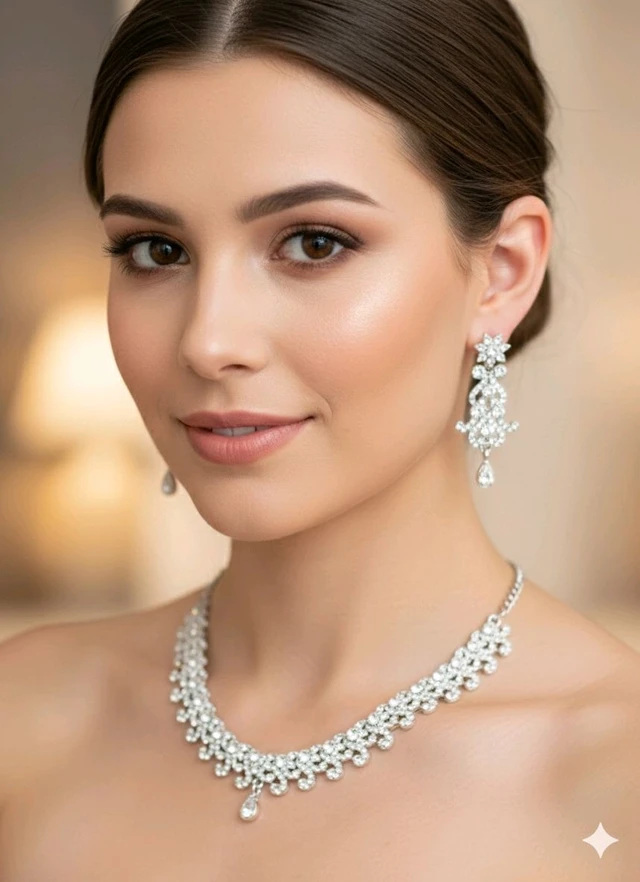 DSH Fashion Exquisite Silver-Plated Bridal Jewelry Set – Intricate Scroll-Work Crystals Necklace and Chandelier Drops Earrings for Weddings, Majestic Rhodium-Finish Statement Suite: Shimmering Crystals Scalloped Necklace with Elegants Teardrop Accents.