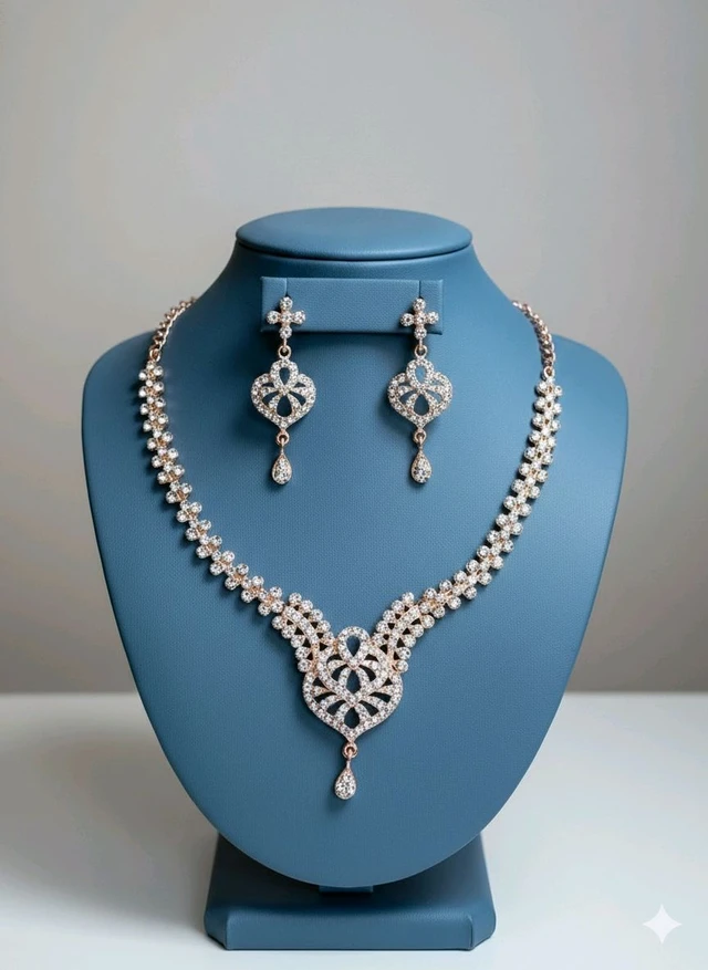 DSH Fashion Luminou Petal Bridal Jewelry Collection — Handcrafted Rose-Gold Festive Set, Rose Gold Plated Necklace and Earring Set for Women, The Empress Set" — Dainty Rose Gold Crystals V-Neck Necklace & Earrings, jewellery set