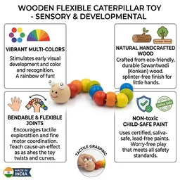ClyPa Wooden Flexible Bead Toy โ Caterpillar Design Baby Toy - 18cm X 3.5cm X 3.5cm