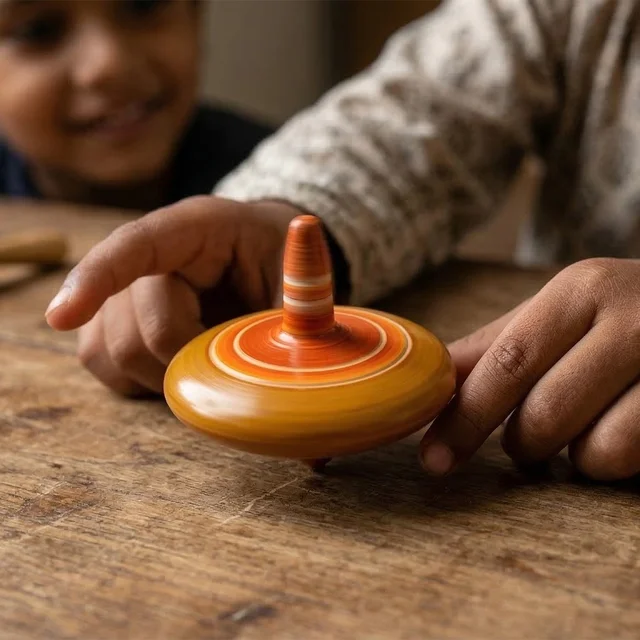 ClyPa Wooden Spinning Top Lattu Toy – Traditional Indian Bhovra for Kids | Handmade Eco-Friendly Educational Toy - 5.5cm X 5.5cm X 5cm