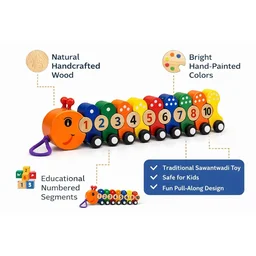 ClyPa Clypa Multicolor Wooden Along With Numbers Caterpillar Pull Toy - 42cm X 6cm X 5cm