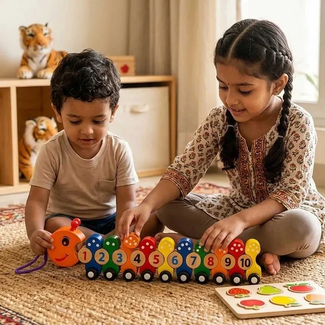 ClyPa Clypa Multicolor Wooden Along With Numbers Caterpillar Pull Toy - 42cm X 6cm X 5cm