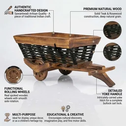 ClyPa Clypa Multicolur Handcrafted Wooden With Woven Basket Bullock Cart Miniature - 39cm X 19cm X 15cm