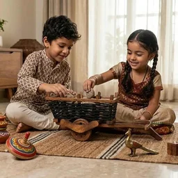 ClyPa Clypa Multicolur Handcrafted Wooden With Woven Basket Bullock Cart Miniature - 39cm X 19cm X 15cm