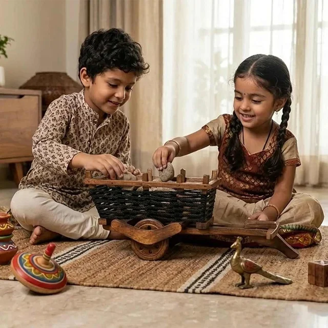 ClyPa Clypa Multicolur Handcrafted Wooden With Woven Basket Bullock Cart Miniature - 39cm X 19cm X 15cm
