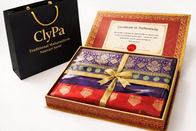 ClyPa Authentic Traditional Maharashtrian Nauvari Saree for Women – Silk Blend with Zari Border