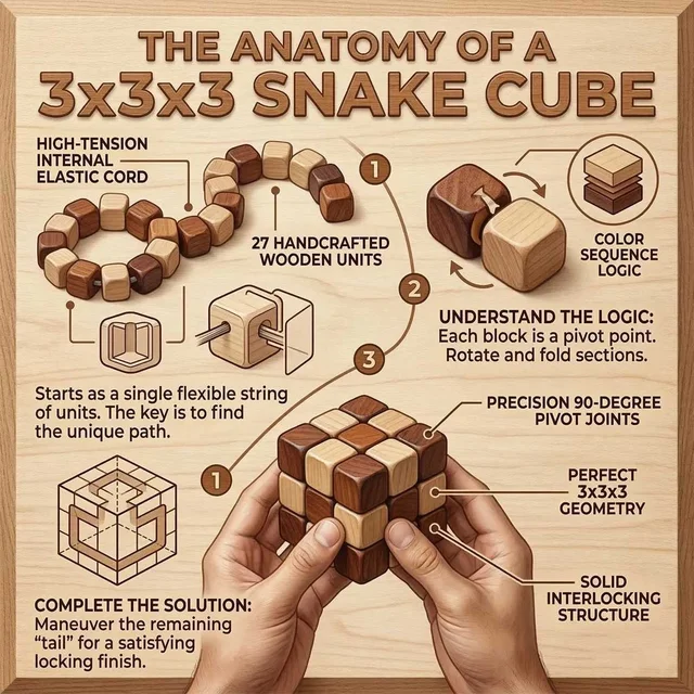 ClyPa Clypa Light And Dark Wood Tones Wooden Brain Teaser Fidget Snake Cube Puzzle Toy - 3cm X 3cm X 3cm