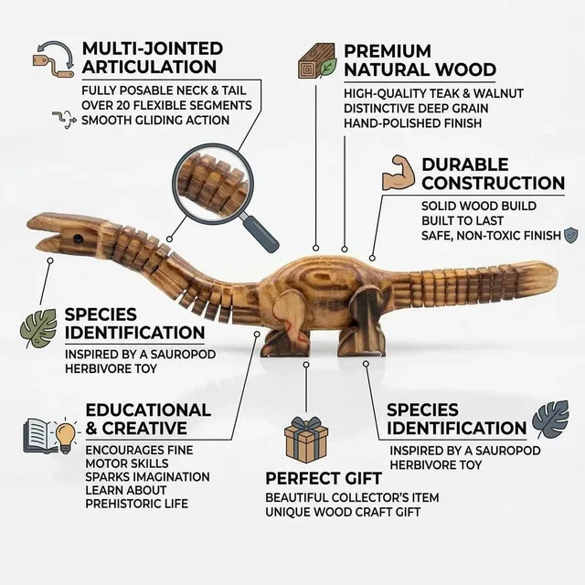 ClyPa Clypa Brown And Black Handcrafted Wooden Articulated Brachiosaurus Dinosaur Toy - 32cm X 8cm X 6cm