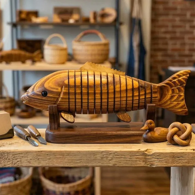 ClyPa Clypa Brown Articulated Timber Trout Handcrafted Wooden Fish Sculpture With Flexible Motion - 25cm X 9cm x 4cm