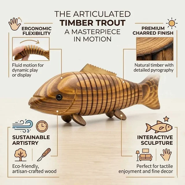 ClyPa Clypa Brown Articulated Timber Trout Handcrafted Wooden Fish Sculpture With Flexible Motion - 25cm X 9cm x 4cm