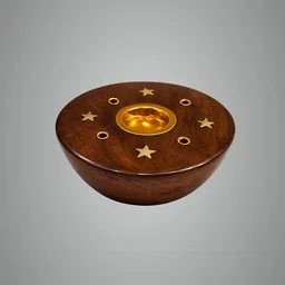 ClyPa Brown And Golden Wooden With Brass Inlay Round Bowl Design With Star Pattern Incense Holder - 7cm X 7cm X 3cm