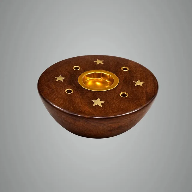 ClyPa Brown And Golden Wooden With Brass Inlay Round Bowl Design With Star Pattern Incense Holder - 7cm X 7cm X 3cm