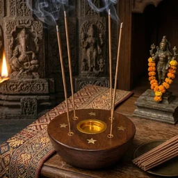 ClyPa Brown And Golden Wooden With Brass Inlay Round Bowl Design With Star Pattern Incense Holder - 7cm X 7cm X 3cm