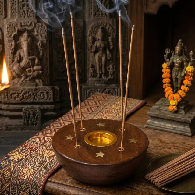 ClyPa Brown And Golden Wooden With Brass Inlay Round Bowl Design With Star Pattern Incense Holder - 7cm X 7cm X 3cm