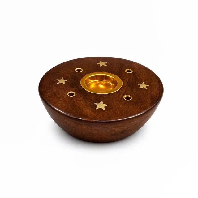 ClyPa Brown And Golden Wooden With Brass Inlay Round Bowl Design With Star Pattern Incense Holder - 7cm X 7cm X 3cm