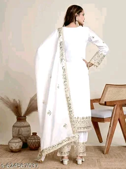 Chinon Silk Kurti With Embroidered Palazzo And Dupatta Set - Blue, L