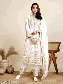Chinon Silk Kurti With Embroidered Palazzo And Dupatta Set - Blue, L
