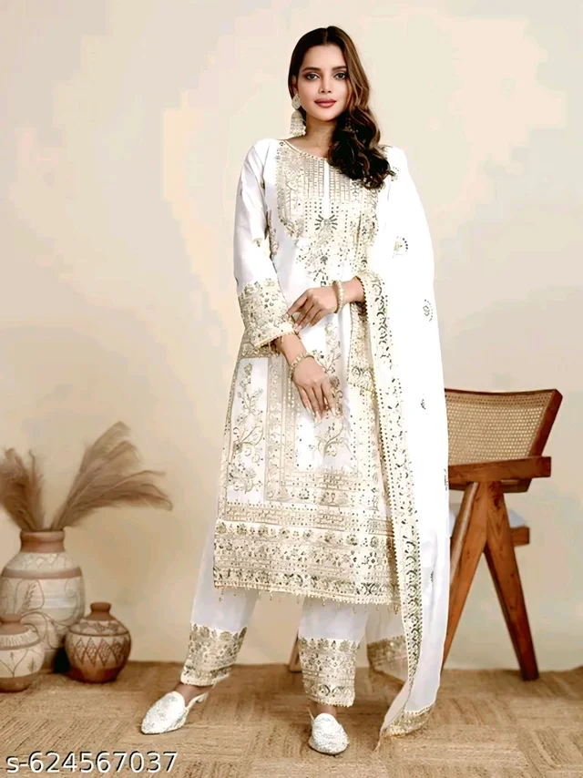 Chinon Silk Kurti With Embroidered Palazzo And Dupatta Set - Blue, L