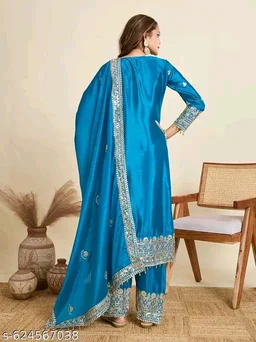Chinon Silk Kurti With Embroidered Palazzo And Dupatta Set - Blue, L
