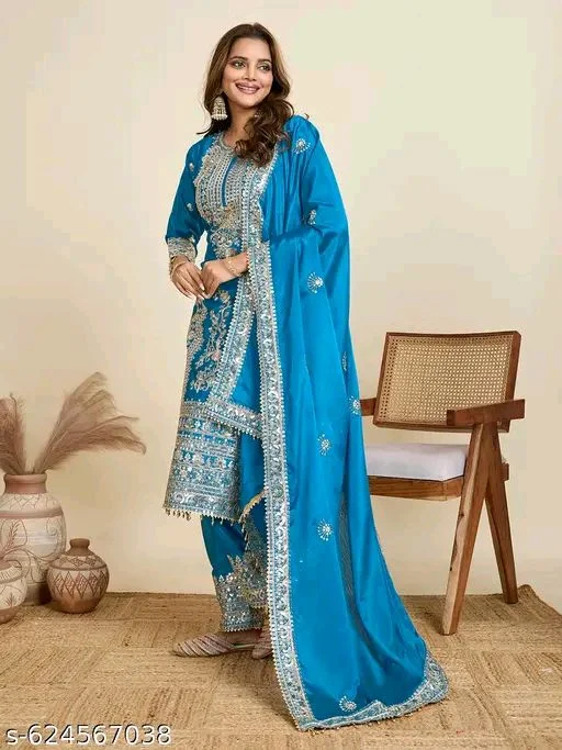 Chinon Silk Kurti With Embroidered Palazzo And Dupatta Set - Blue, L