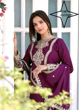 Chinon Embroidered Kurti With Salwar And Dupatta Set - Purple, S