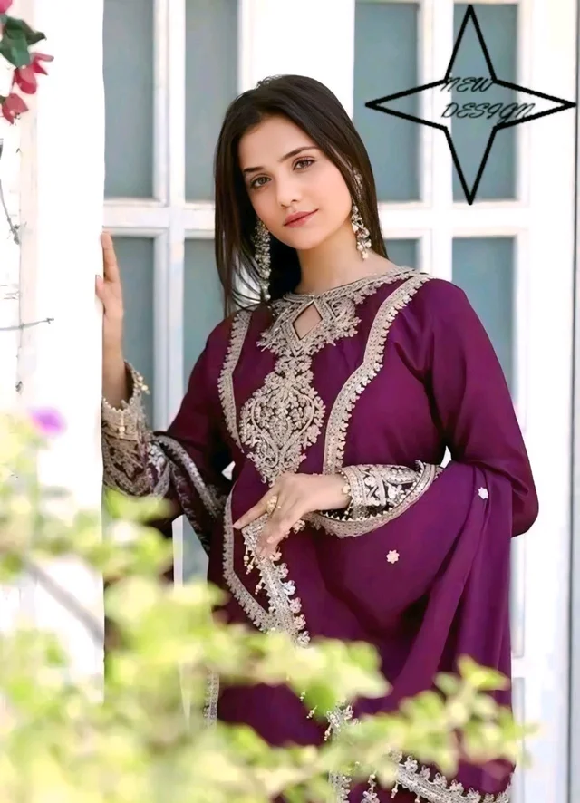 Chinon Embroidered Kurti With Salwar And Dupatta Set - Purple, S