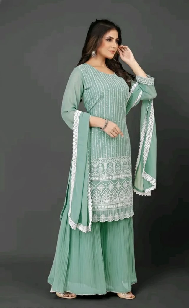 VRAJGOPI Embroidery Kurta And Sharara With Dupatta Set - S, Teal