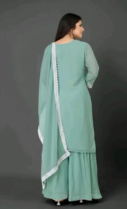 VRAJGOPI Embroidery Kurta And Sharara With Dupatta Set - S, Teal