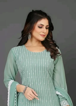 VRAJGOPI Embroidery Kurta And Sharara With Dupatta Set - S, Teal