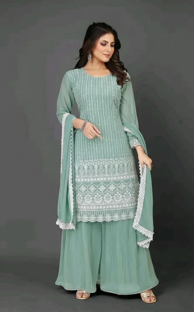 VRAJGOPI Embroidery Kurta And Sharara With Dupatta Set - S, Teal
