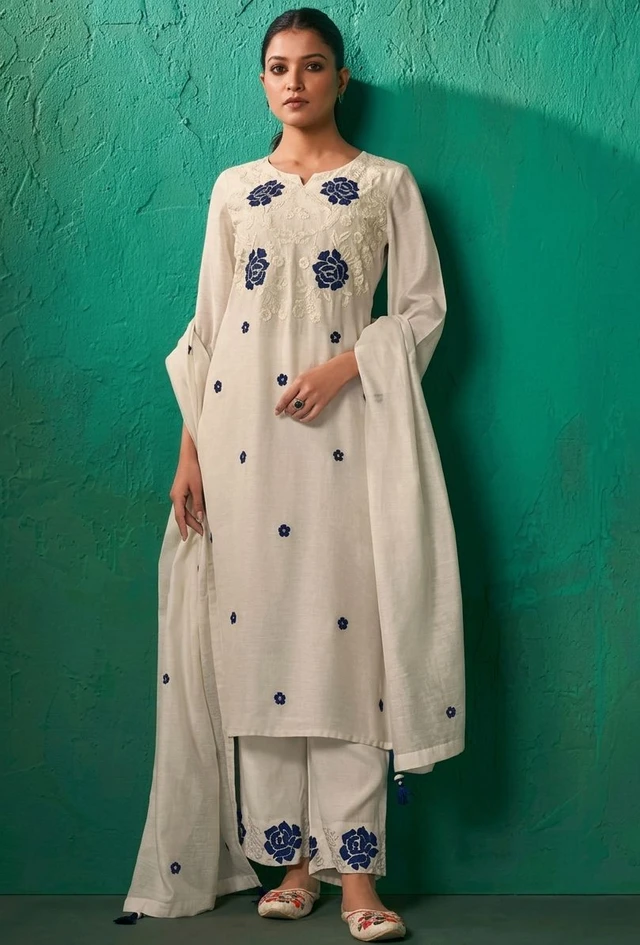 ROKKLIKE Cambric Cotton Straight Kurta Pant With Dupatta Set - S, White