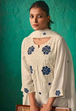 ROKKLIKE Cambric Cotton Straight Kurta Pant With Dupatta Set - S, White
