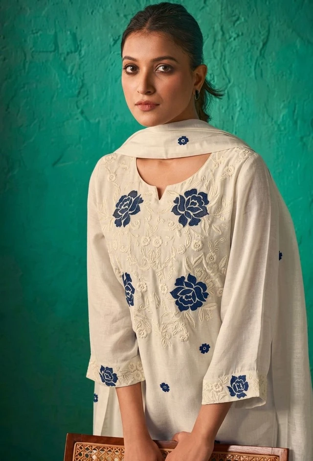 ROKKLIKE Cambric Cotton Straight Kurta Pant With Dupatta Set - S, White