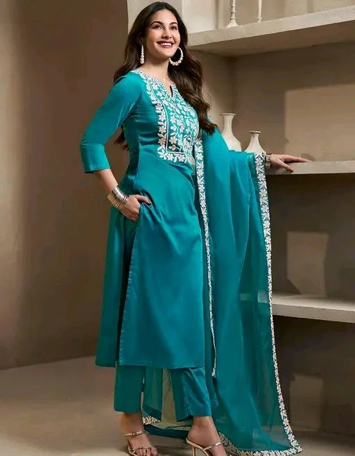 AARU DESIGNER STUDIO Straight Cut Kurti Set For Women - S, Teal