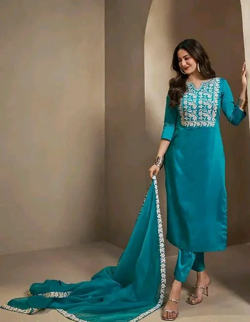 AARU DESIGNER STUDIO Straight Cut Kurti Set For Women - M, Teal